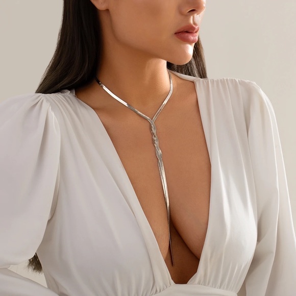 Silver Adjustable Flat Snake Long Chain Necklace - Picture 1 of 9